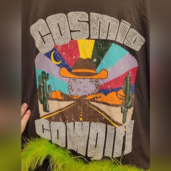 Blue B. Collection Cosmic Cowgirl Feather Boa Hem Gray Lime Green Tee Size Large - Picture 5 of 9